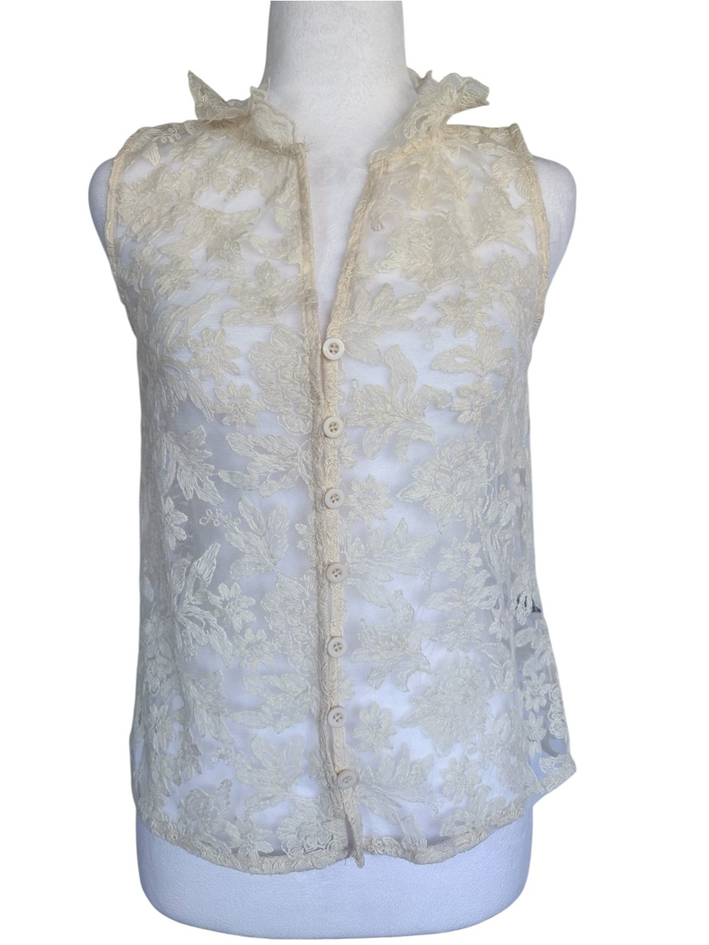 Sheer Sleeveless Lace Button-Front Vest Cream Layering Top Sz Small